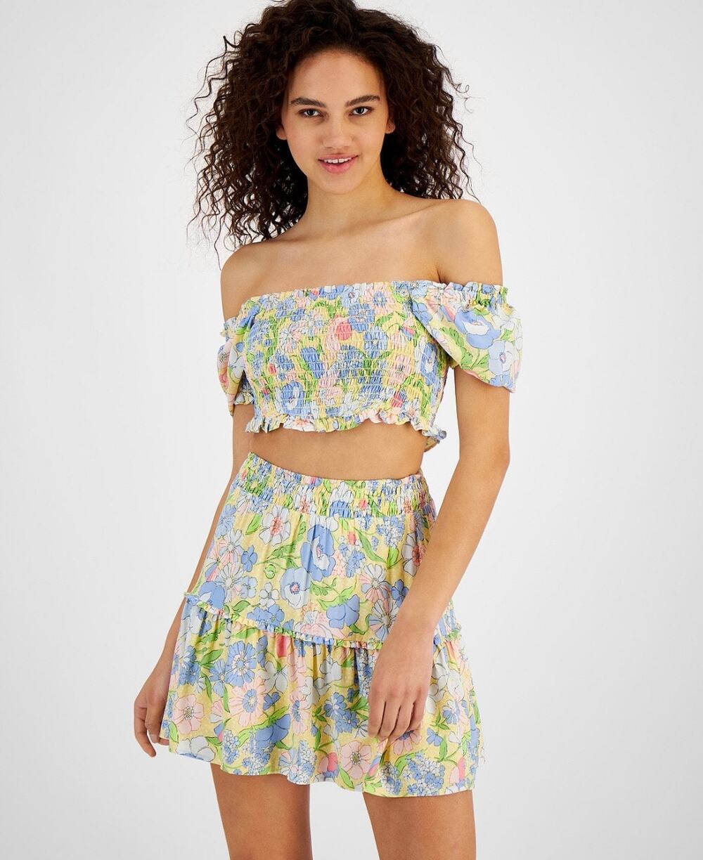 Bar III Women's Floral Coquette Off The Shoulder Crop Top - Size XL - Smocked